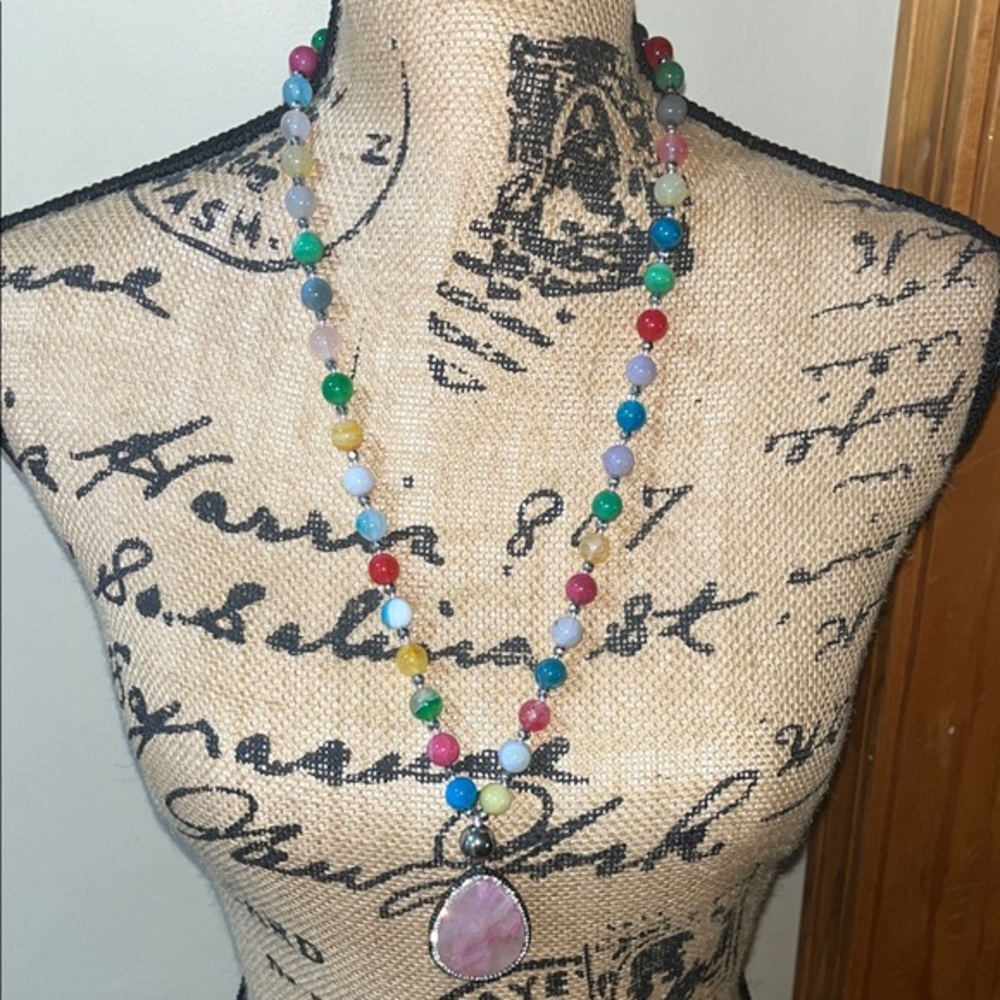 Multi Color Gem Bead Sterling Silver Sautior Crystal Pendant Necklace